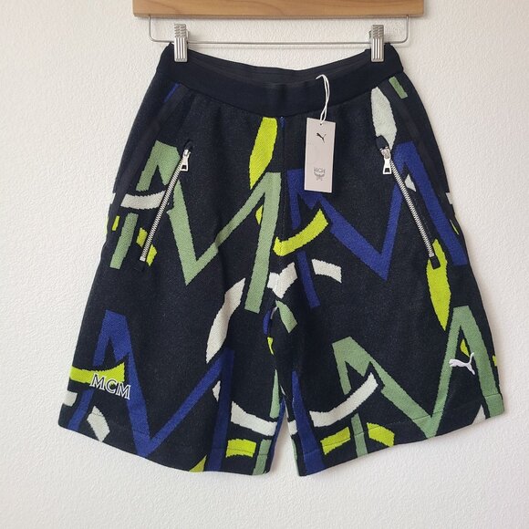 Puma x MCM All Over Print Wool Blend Shorts 537009-01 Size S Black Blue